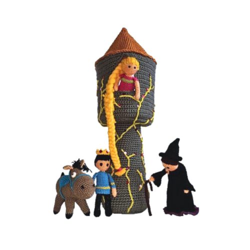 Rapunzel häkeln und ihren Prinzen mit seinem treuen Pferd und der bösen Hexe DIY-Märchenwald